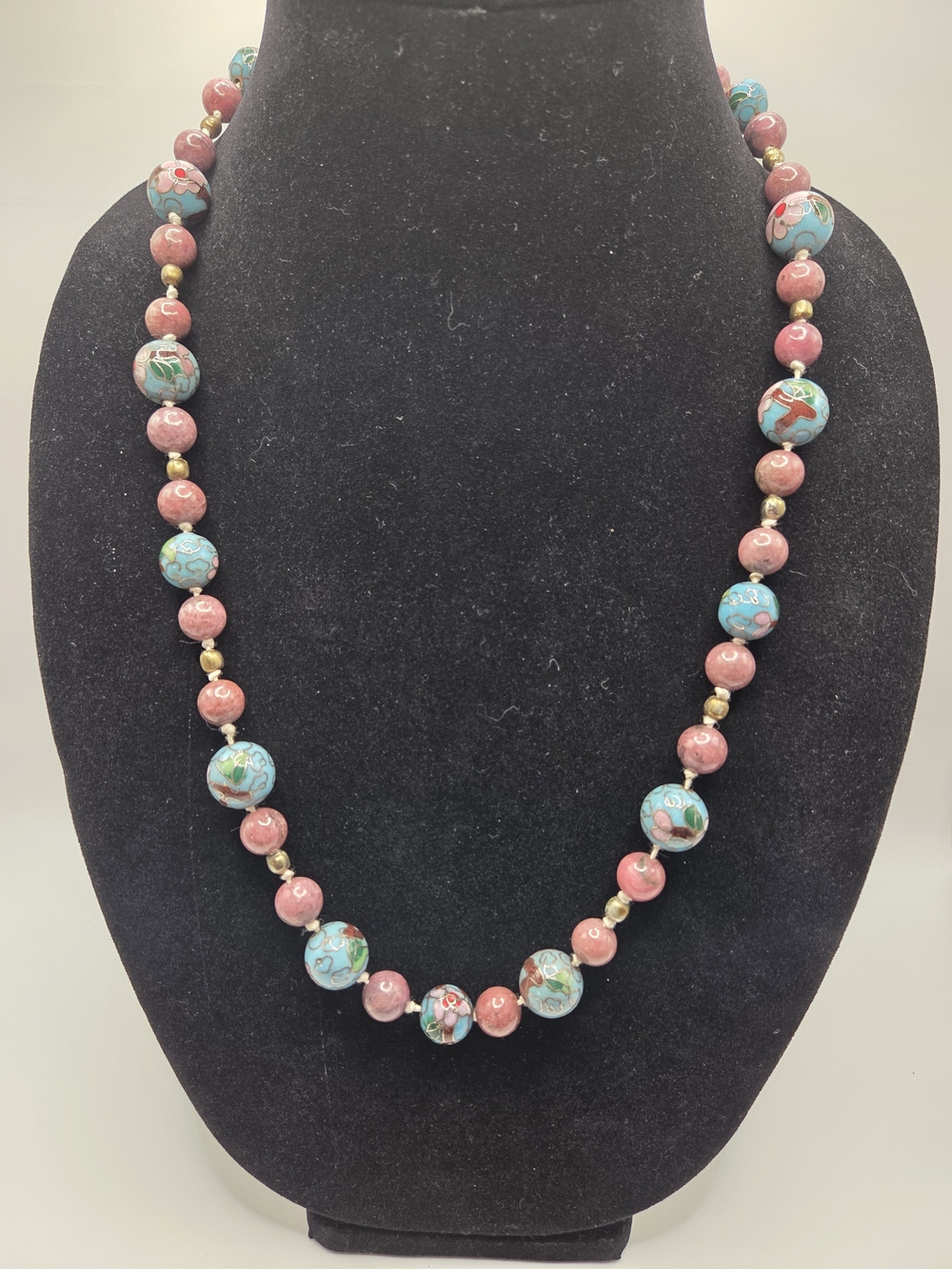 1636. Artisan Necklace With Vintage Cloisonne And Rhodonite Beads